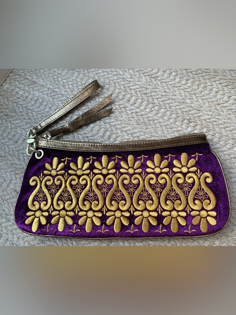 Purple Velvet Clutch with Gold Floral Embroidery